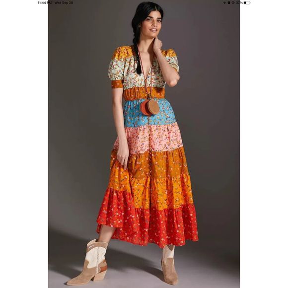 New Anthropologie Short Sleeve Colourblocked Midi Dress size Small Multicolor
